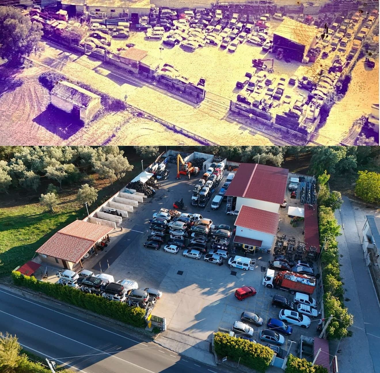 Vista aerea dell'impianto di Nuova Demolizione Cento a Gioia Tauro: in alto in una foto d'epoca, in basso oggi