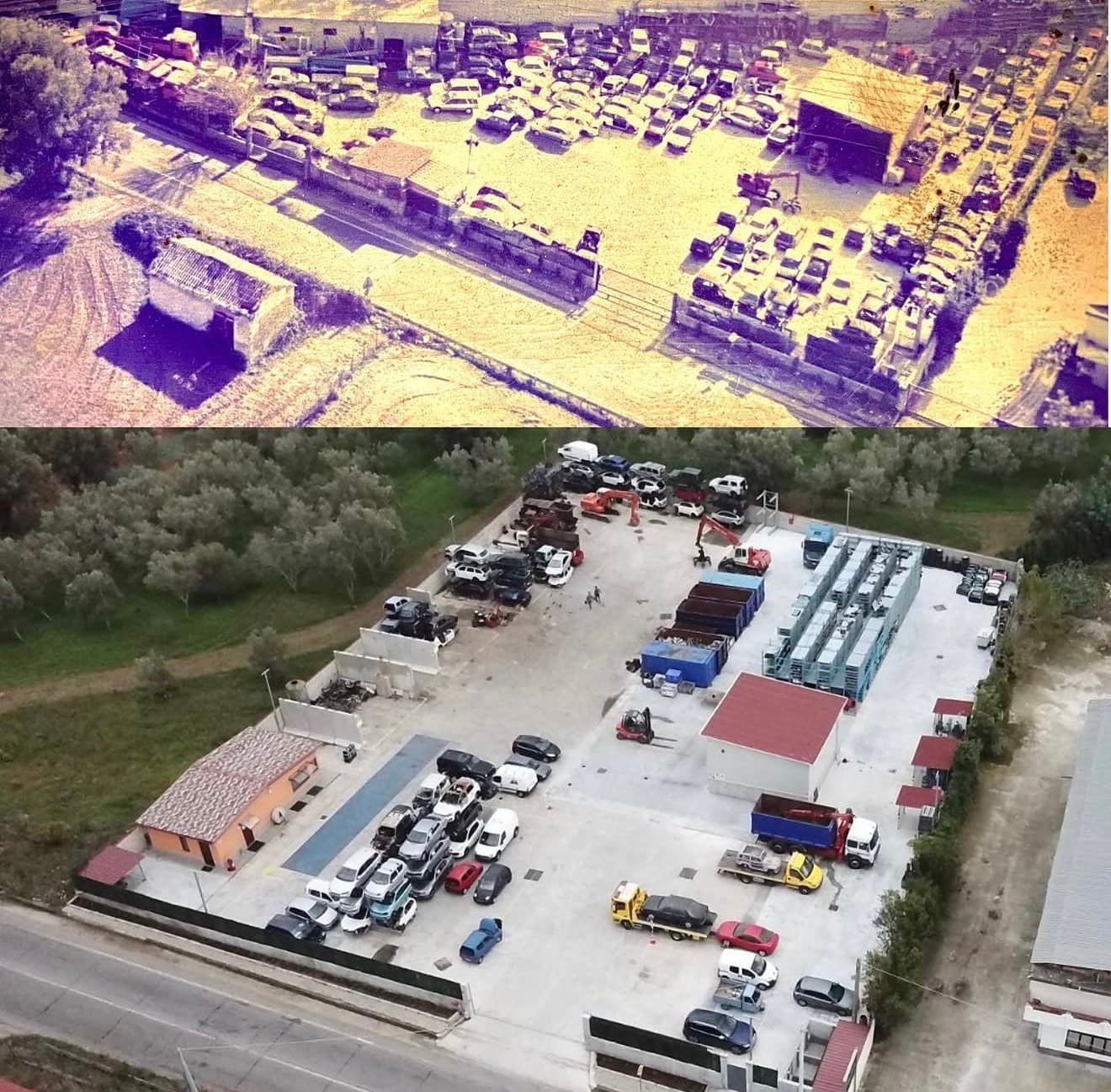 Vista aerea dell'impianto di Nuova Demolizione Cento a Gioia Tauro: in alto in una foto d'epoca, in basso oggi