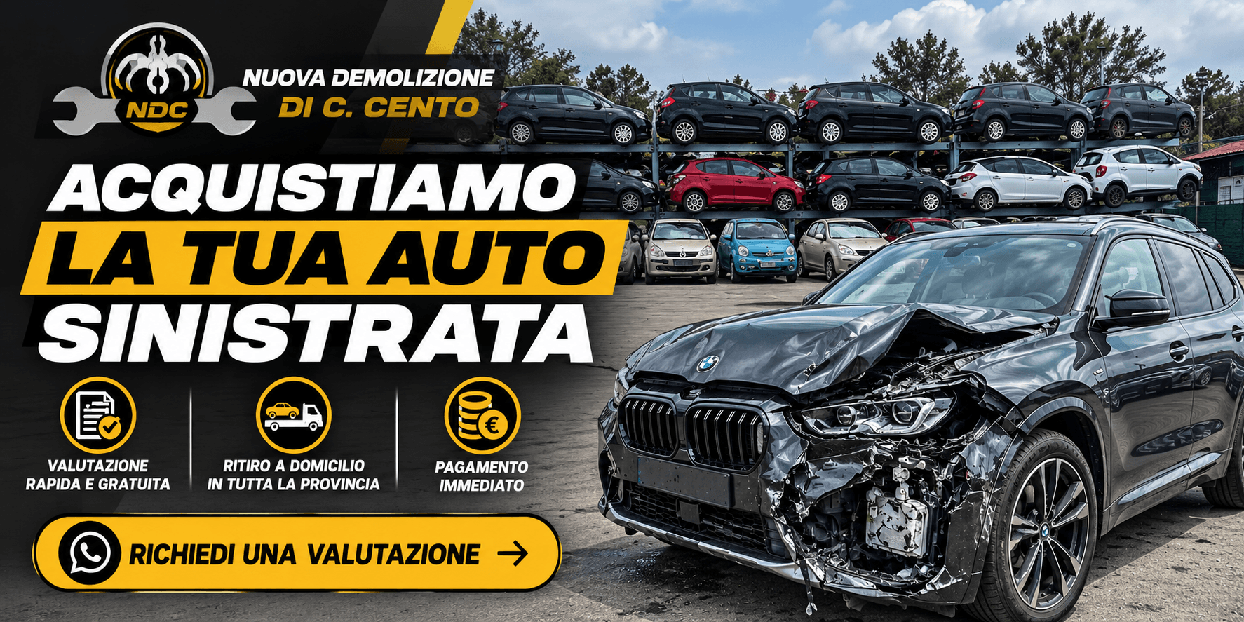 Acquistiamo la tua auto sinistrata: valutazione rapida e gratuita, ritiro a domicilio in tutta la provincia, pagamento immediato